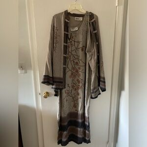 Vintage Chico’s design silk Japanese cherry blossom grey maxi dress & jacket
